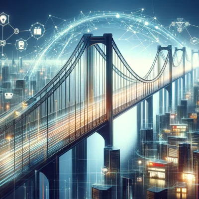 DALL·E 2024-02-13 16.39.52 - Create a wide image illustrating a bridge as a metaphor for the connection between online sales and sellers, in a futuristic e-commerce context, with